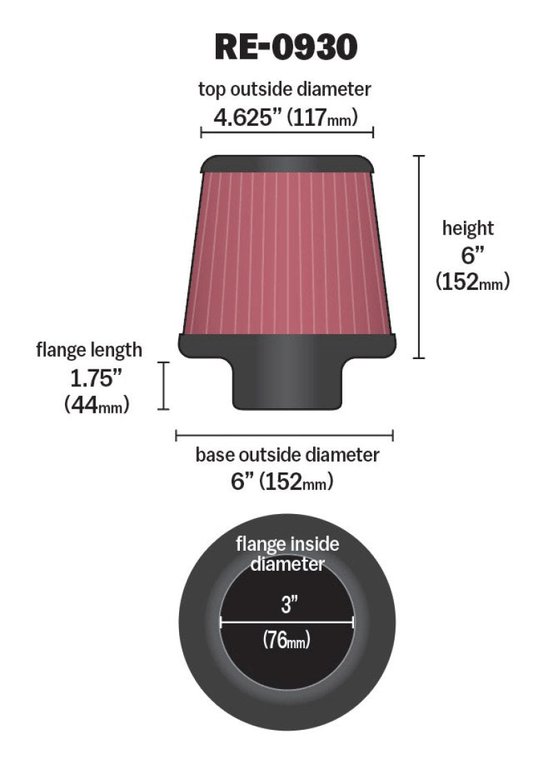 K&N Universal Rubber Filter - Round Tapered 6in Base OD x 3in Flange ID x 6in H K&N Engineering Air Filters - Universal Fit  AXOPROS