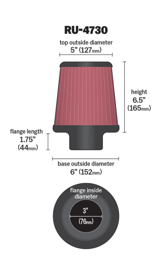 K&N Filter 3 inch Flange 6 inch Base 5 Top 6 1/2 inch Height K&N Engineering Air Filters - Universal Fit  AXOPROS