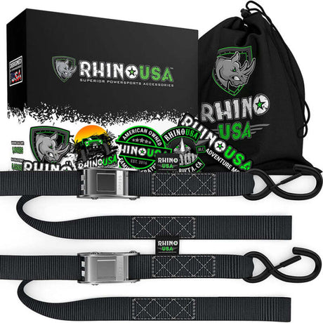 Rhino USA Cambuckle Motorcycle Tiedown Straps 2-Pack (Black) 1.5In X 8Ft Rhino USA Cargo Tie-Downs  AXOPROS