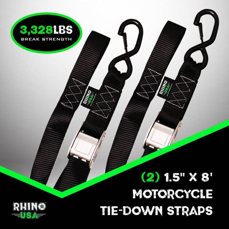 Rhino USA Cambuckle Motorcycle Tiedown Straps 2-Pack (Black) 1.5In X 8Ft Rhino USA Cargo Tie-Downs  AXOPROS