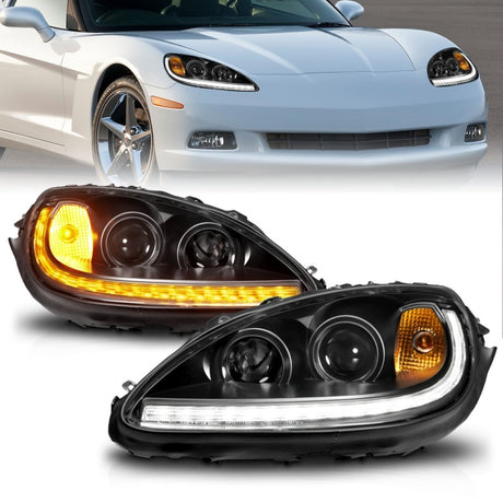 ANZO ANZO 05-13 Chevrolet Corvette Projector Headlights w/switchback & Sequential LED - Black Amber Headlights aftermarket performance part