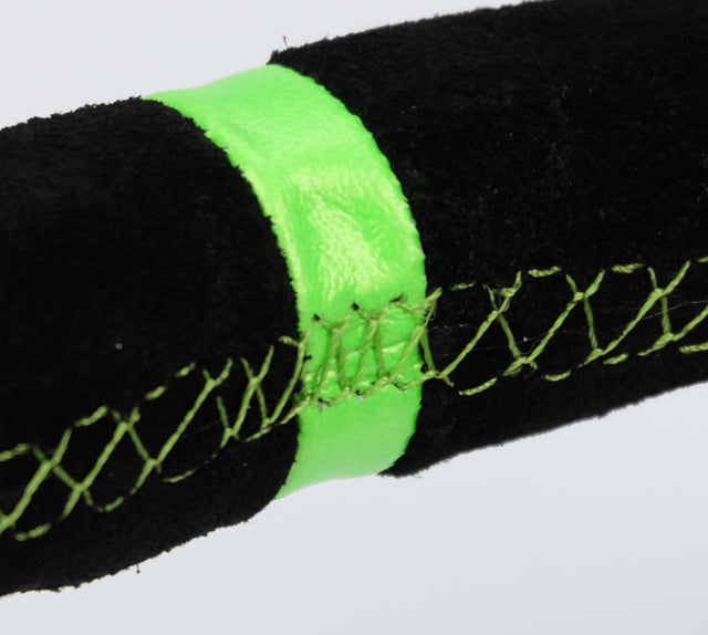 NRG Reinforced Steering Wheel 350mm/3in. Deep Blk Suede/ Neon Green Stitch w/5mm Matte Black Spoke NRG Steering Wheels  AXOPROS
