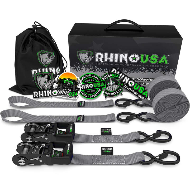 Rhino USA Heavy Duty Ratchet Tie-Downs 2-Pack (Gray) 1.6In X 8Ft Rhino USA Cargo Tie-Downs  AXOPROS