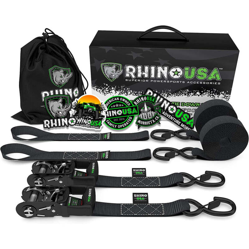 Rhino USA Heavy Duty Ratchet Tie-Downs 2-Pack (Black) 1.6In X 8Ft Rhino USA Cargo Tie-Downs  AXOPROS