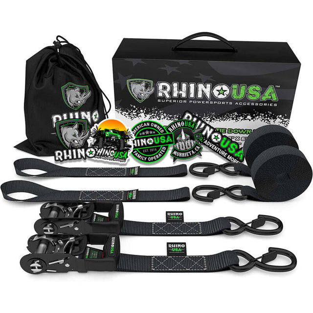 Rhino USA Heavy Duty Ratchet Tie-Downs 2-Pack (Black) 1.6In X 8Ft Rhino USA Cargo Tie-Downs  AXOPROS