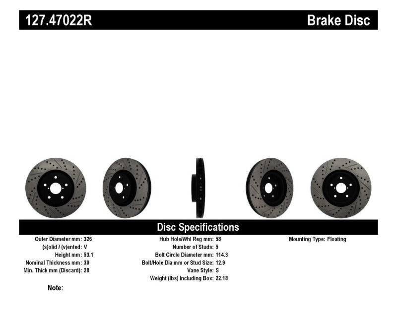StopTech 05-10 Subaru Impreza WRX/STi Slotted & Drilled Right Front Rotor Stoptech Brake Rotors - Slot & Drilled  AXOPROS