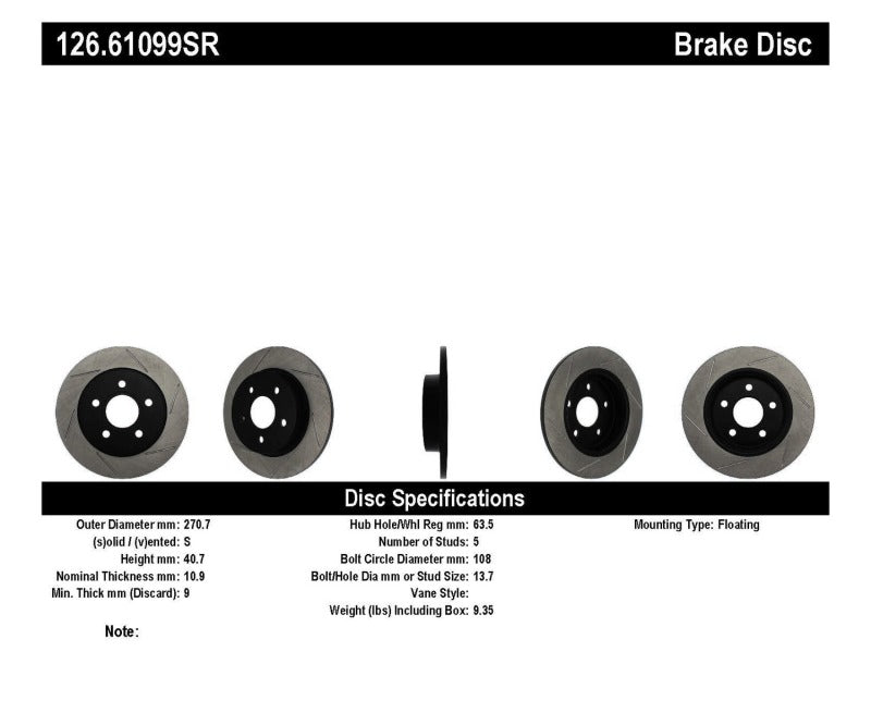 StopTech 13 Ford Focus ST Slotted Right Rear Rotor Stoptech Brake Rotors - Slotted  AXOPROS