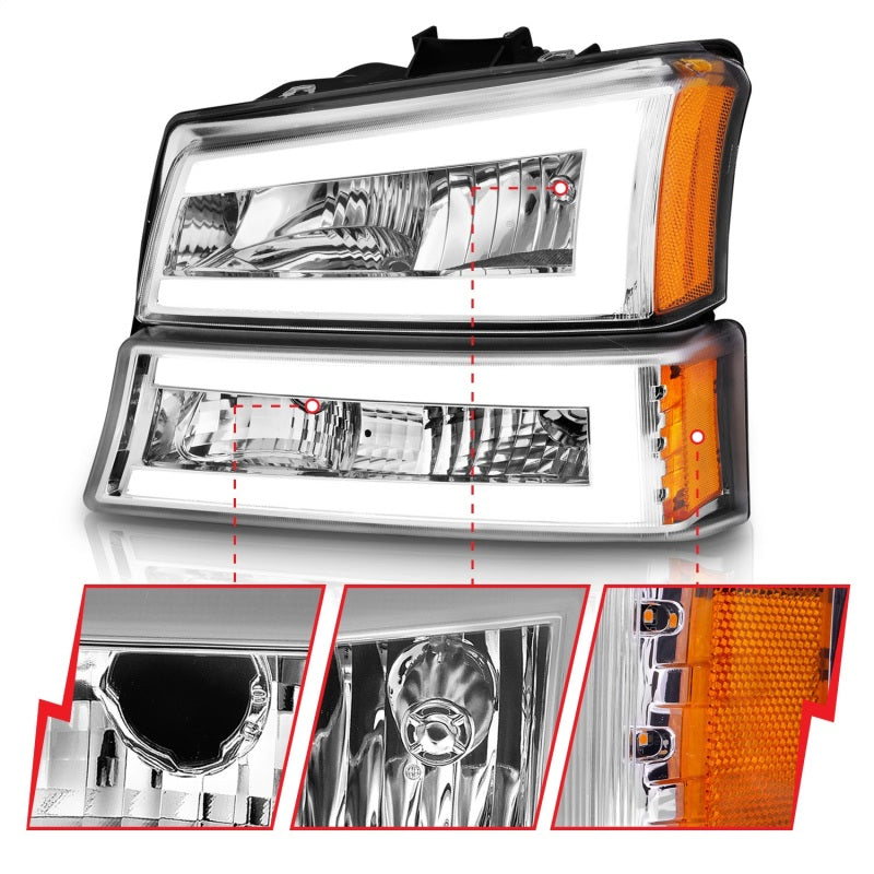 ANZO 2003-2006 Chevrolet Silverado 1500 Crystal Headlights w/ Light Bar Chrome Housing ANZO Headlights  AXOPROS
