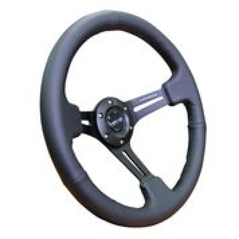 NRG Reinforced Steering Wheel (350mm / 3in. Deep) Black Leather w/ Black Stitching NRG Steering Wheels  AXOPROS