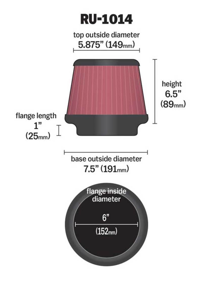 K&N Universal Tapered Filter 6in Flange ID x 7.5in Base OD x 5.875in Top OD x 6.5in Height K&N Engineering Air Filters - Universal Fit  AXOPROS