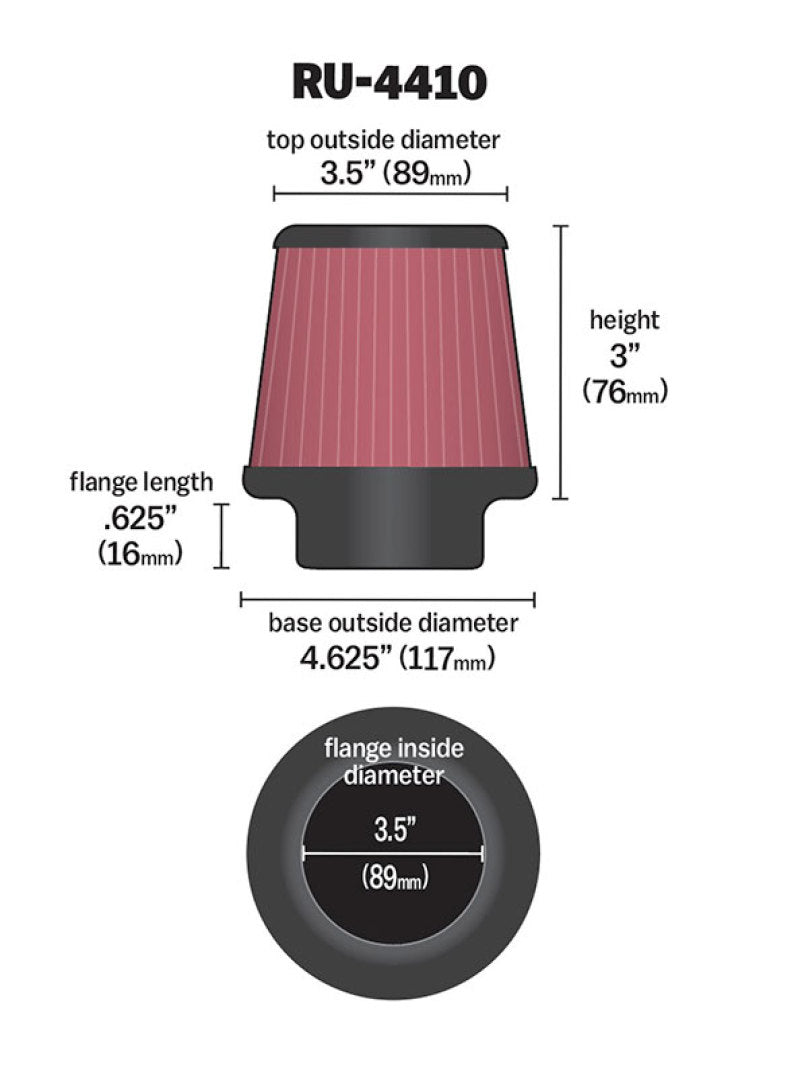 K&N Filter Universal Rubber Filter 3 1/2 inch Flange 4 5/8 inch Base 3 1/2 inch Top 3 inch Height K&N Engineering Air Filters - Universal Fit  AXOPROS