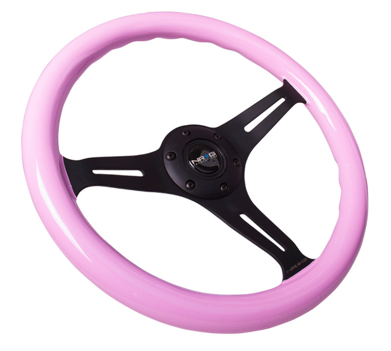 NRG Classic Wood Grain Steering Wheel (350mm) Solid Pink Painted Grip w/Black 3-Spoke Center NRG Steering Wheels  AXOPROS