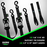 Rhino USA Heavy Duty Ratchet Tie-Downs 2-Pack (Green) 1.6In X 8Ft Rhino USA Cargo Tie-Downs  AXOPROS