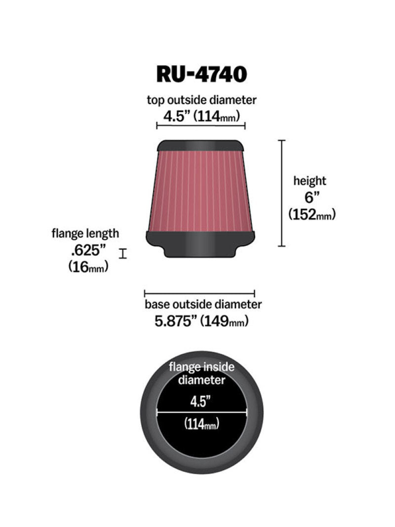 K&N Filter Universal Rubber Filter Round Tapered 4.5in  Flange 5.875in Base 4.5 inch Top 6in  Height K&N Engineering Air Filters - Universal Fit  AXOPROS