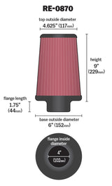 K&N Universal Rubber Filter 4inch FLG / 6inch OD-B / 4-5/8inch OD-T / 9inch H K&N Engineering Air Filters - Universal Fit  AXOPROS