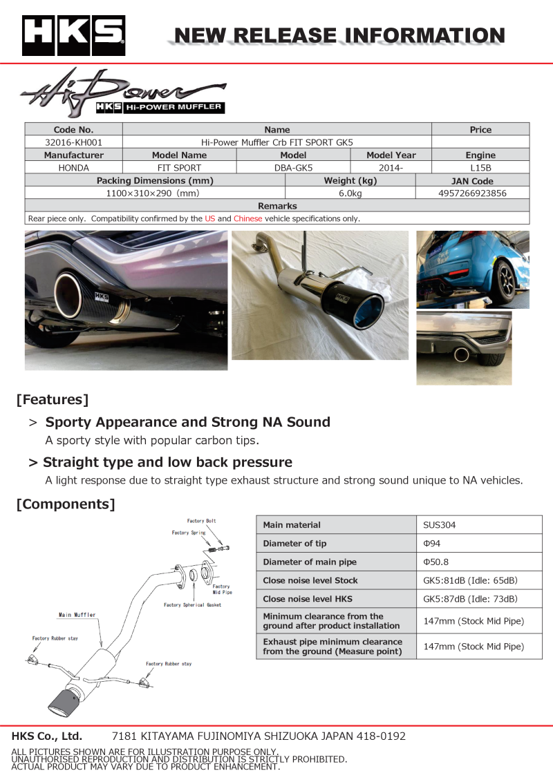 HKS Hi-Power Muffler 2014+ Honda Fit Sport GK5 w/ Carbon Tips HKS Catback  AXOPROS