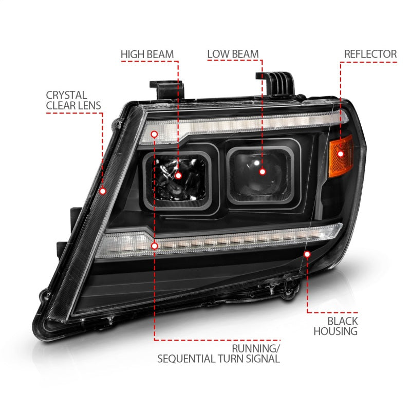 ANZO 09-20 Nissan Frontier Black Projector Plank Style DRL w/ Switchback & Sequential LED DRL ANZO Headlights  AXOPROS