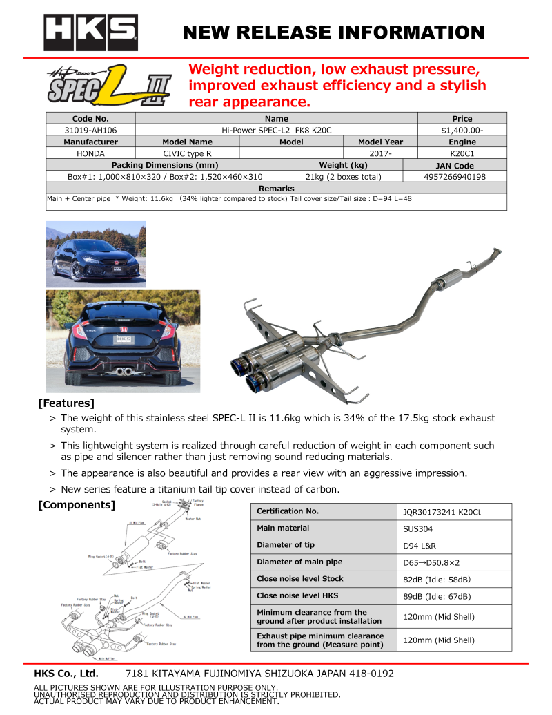 HKS Hi-Power Muffler SPEC-L2 FK8 K20C HKS Catback  AXOPROS