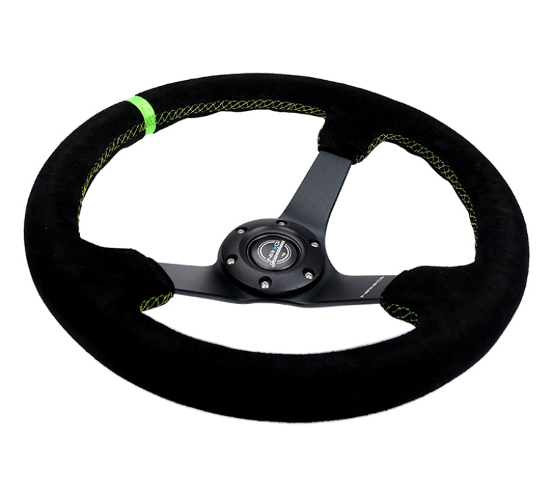 NRG Reinforced Steering Wheel 350mm/3in. Deep Blk Suede/ Neon Green Stitch w/5mm Matte Black Spoke NRG Steering Wheels  AXOPROS