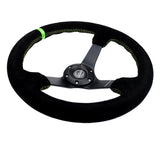 NRG Reinforced Steering Wheel 350mm/3in. Deep Blk Suede/ Neon Green Stitch w/5mm Matte Black Spoke NRG Steering Wheels  AXOPROS