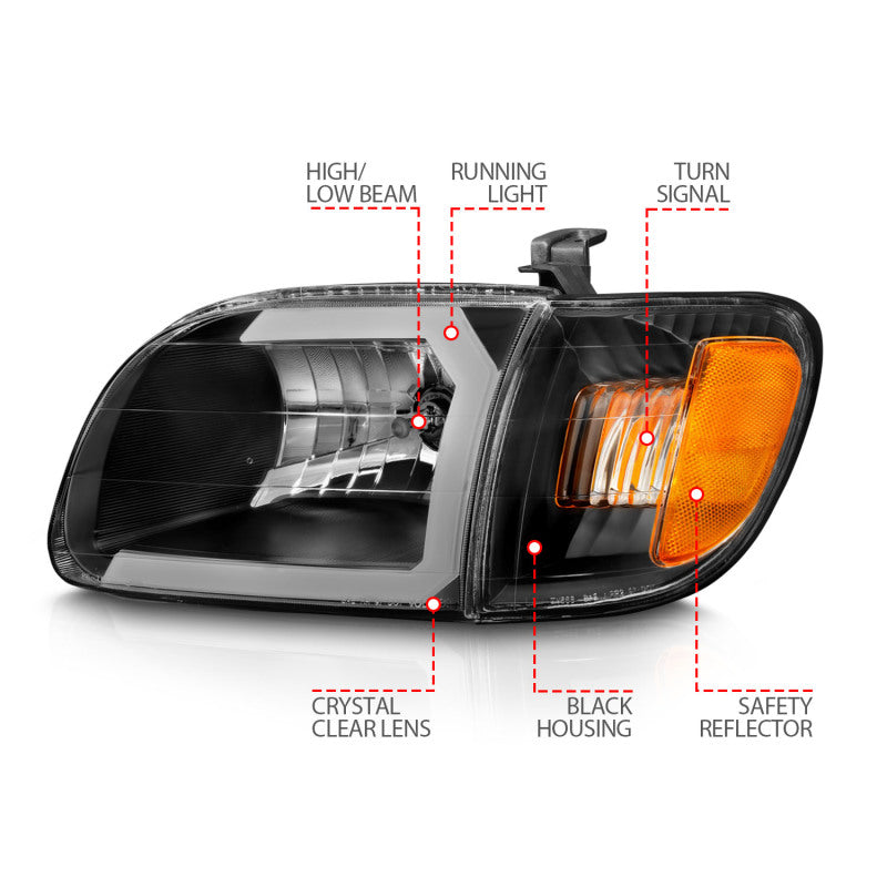 ANZO 00-04 Toyota Tundra (Fits Reg/Acc Cab Only) Crystal Headlights w/Light Bar Black w/Corner Light ANZO Headlights  AXOPROS