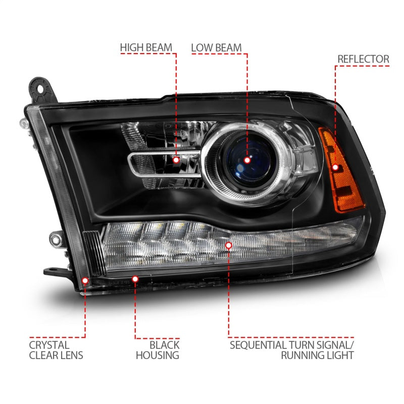 ANZO 09-18 Dodge Ram 1500/2500/3500 LED Plank Style Headlights Switchback + Sequential - Matte Black ANZO Headlights  AXOPROS