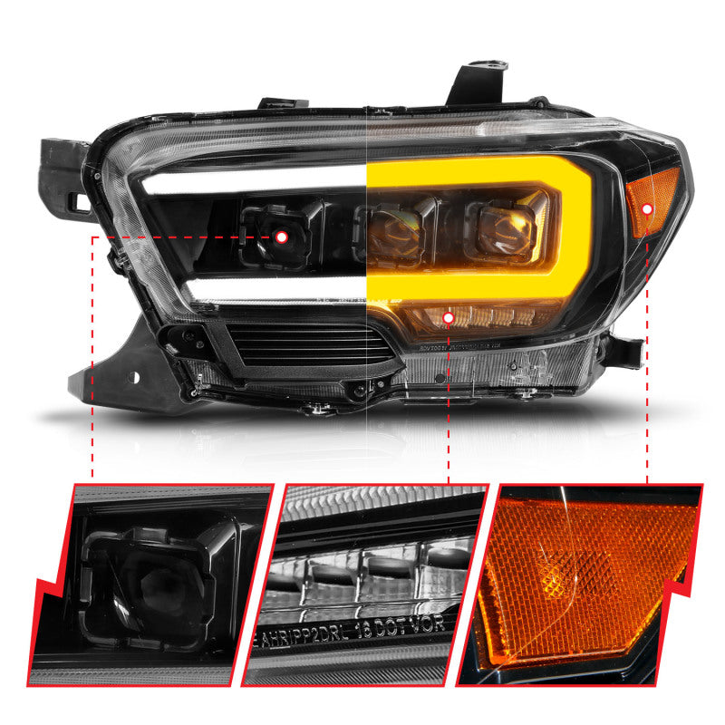 ANZO 16-22 Toyota Tacoma LED Projector Headlights w/ Light Bar Sequential Black Housing w/Initiation ANZO Headlights  AXOPROS