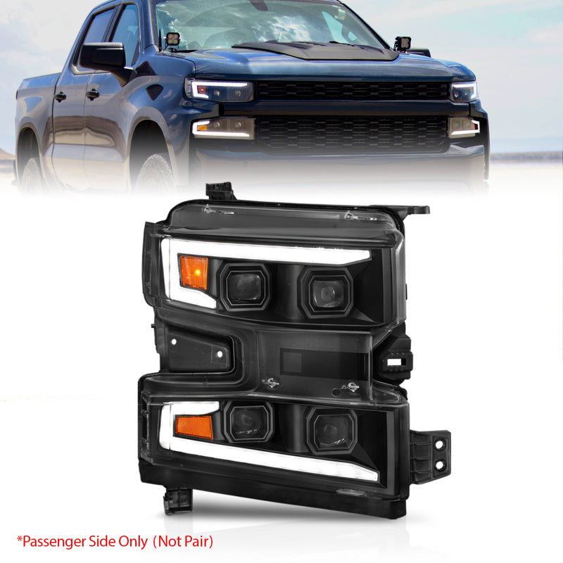 ANZO 19-22 Chevrolet Silverado 1500 LED Proj HL w/Lgt Bar SwBk Seq. Blk w/In. Light - Passenger Side ANZO Headlights  AXOPROS