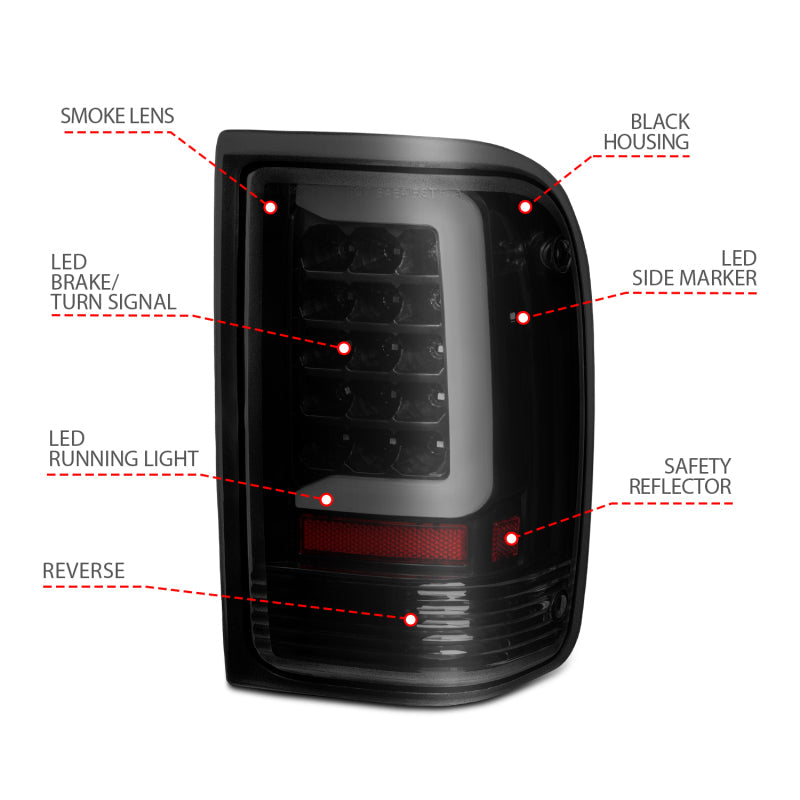 ANZO 1993-1997 Ford  Ranger LED Tail Lights w/ Light Bar Black Housing Smoked Lens ANZO Tail Lights  AXOPROS