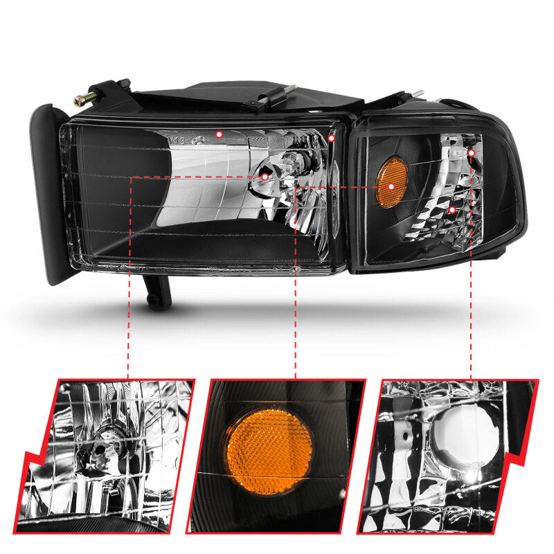 ANZO 1994-2001 Dodge Ram Crystal Headlights Black ANZO Headlights  AXOPROS