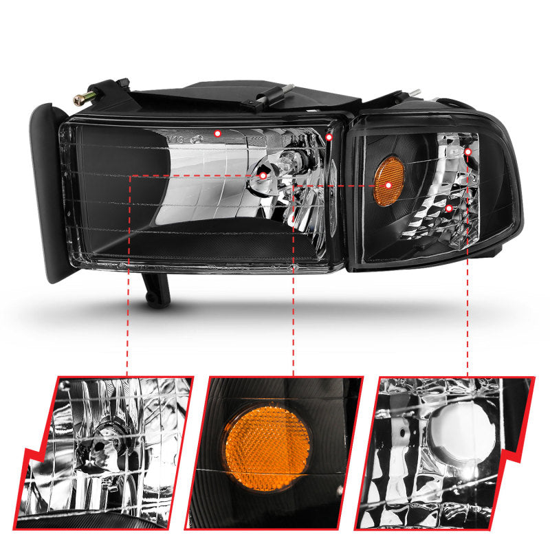 ANZO 1994-2001 Dodge Ram Crystal Headlights Black ANZO Headlights  AXOPROS