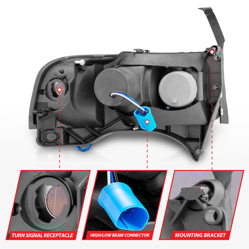ANZO 1994-2001 Dodge Ram Crystal Headlights Black w/ LED ANZO Headlights  AXOPROS