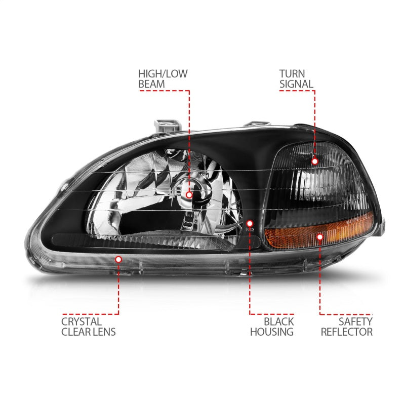 ANZO 1996-1998 Honda Civic Crystal Headlights Black ANZO Headlights  AXOPROS