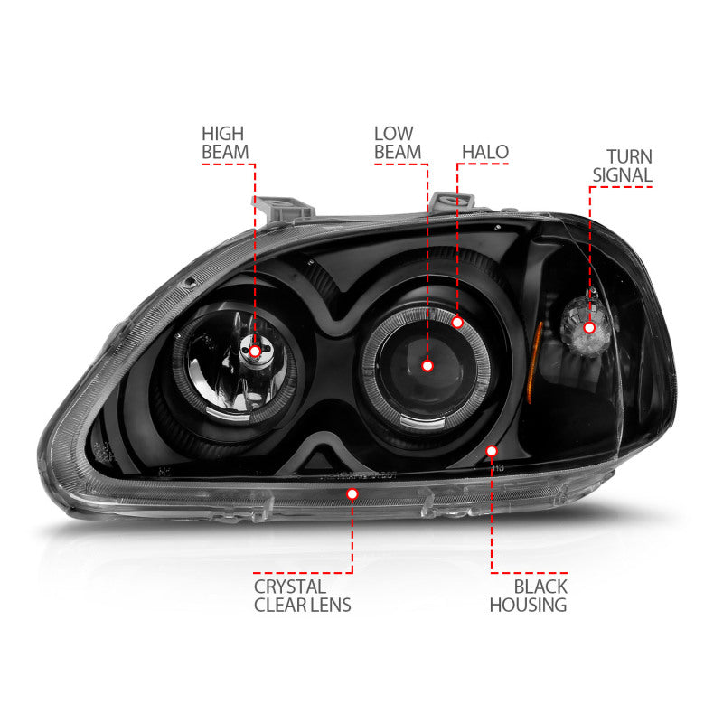 ANZO 1996-1998 Honda Civic Projector Headlights w/ Halo Black ANZO Headlights  AXOPROS