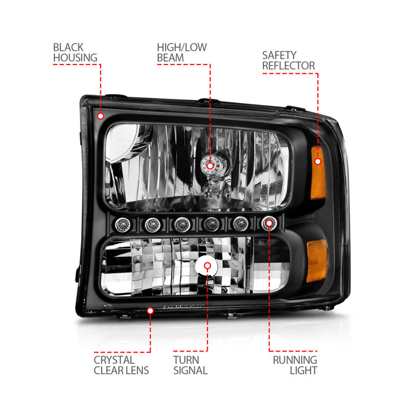 ANZO 2000-2004 Ford Excursion Crystal Headlights Black w/ LED 1pc ANZO Headlights  AXOPROS