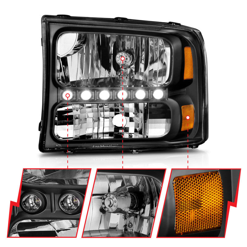 ANZO 2000-2004 Ford Excursion Crystal Headlights Black w/ LED 1pc ANZO Headlights  AXOPROS