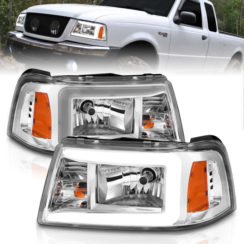 ANZO 2001-2011 Ford Ranger Crystal Headlights w/ Light Bar Chrome Housing ANZO Headlights  AXOPROS
