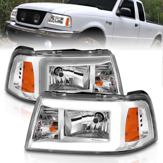 ANZO 2001-2011 Ford Ranger Crystal Headlights w/ Light Bar Chrome Housing ANZO Headlights  AXOPROS