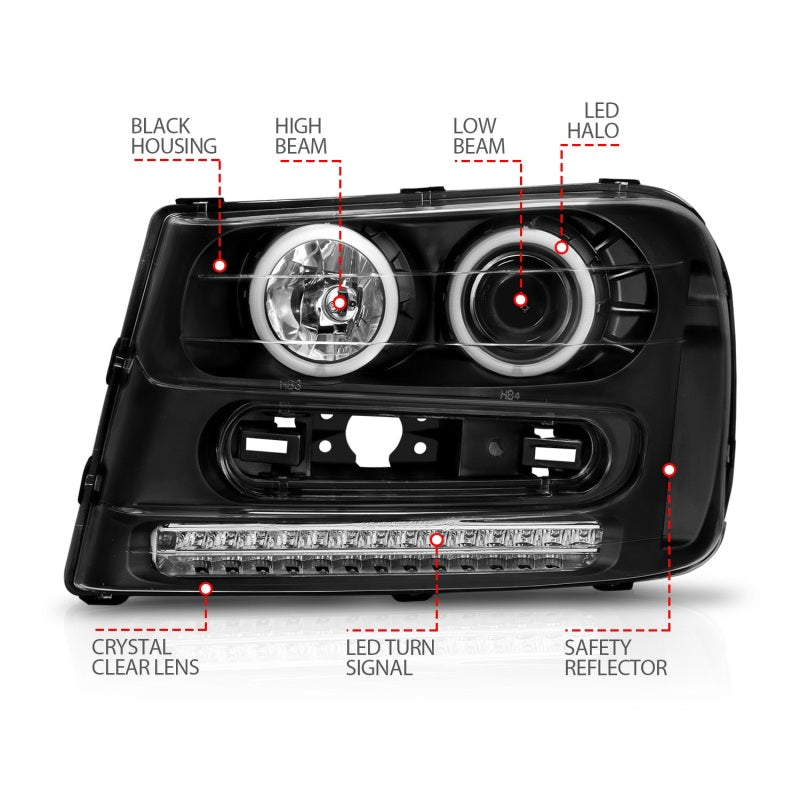 ANZO 2002-2009 Chevrolet Trailblazer Projector Headlights w/ Halo Black ANZO Headlights  AXOPROS