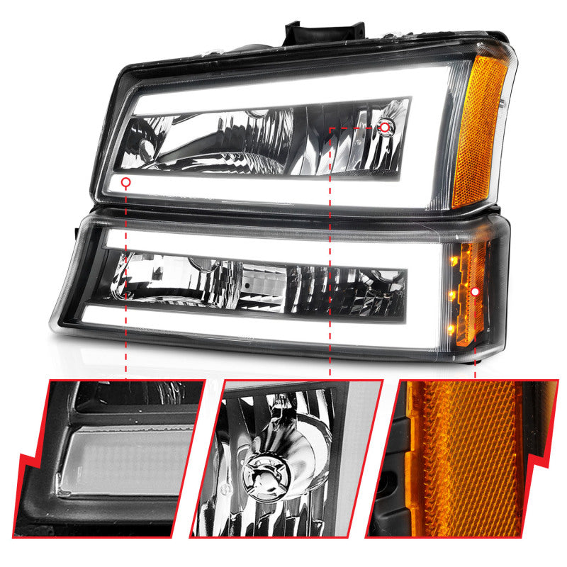 ANZO 2003-2006 Chevrolet Silverado 1500 Crystal Headlights w/ Light Bar Black Housing ANZO Headlights  AXOPROS