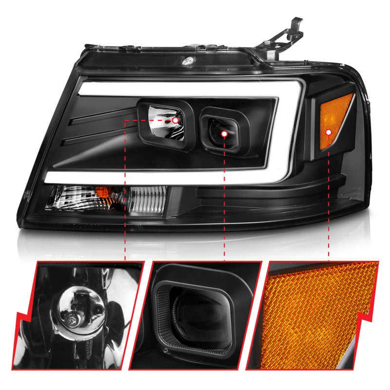 ANZO 2004-2008 Ford  F-150 Projector Headlights w/ Light Bar Black Housing ANZO Headlights  AXOPROS