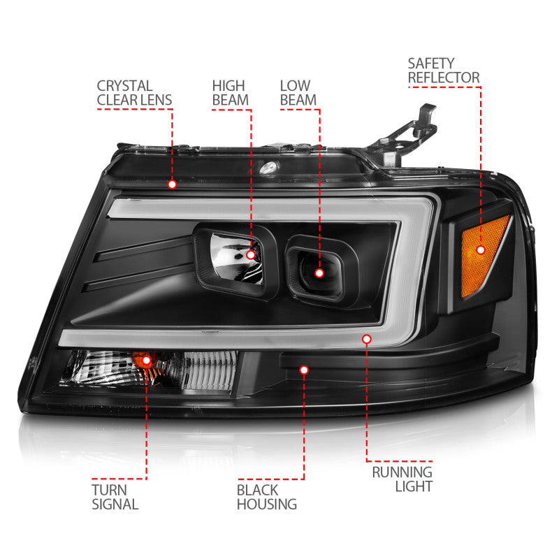 ANZO 2004-2008 Ford  F-150 Projector Headlights w/ Light Bar Black Housing ANZO Headlights  AXOPROS