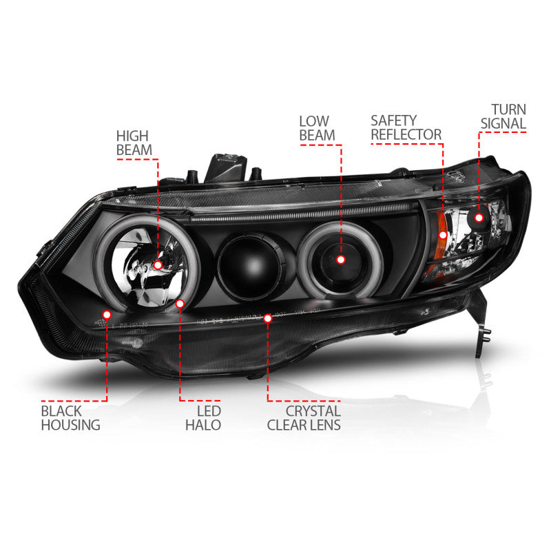 ANZO 2006-2011 Honda Civic Projector Headlights w/ Halo Black (CCFL) ANZO Headlights  AXOPROS