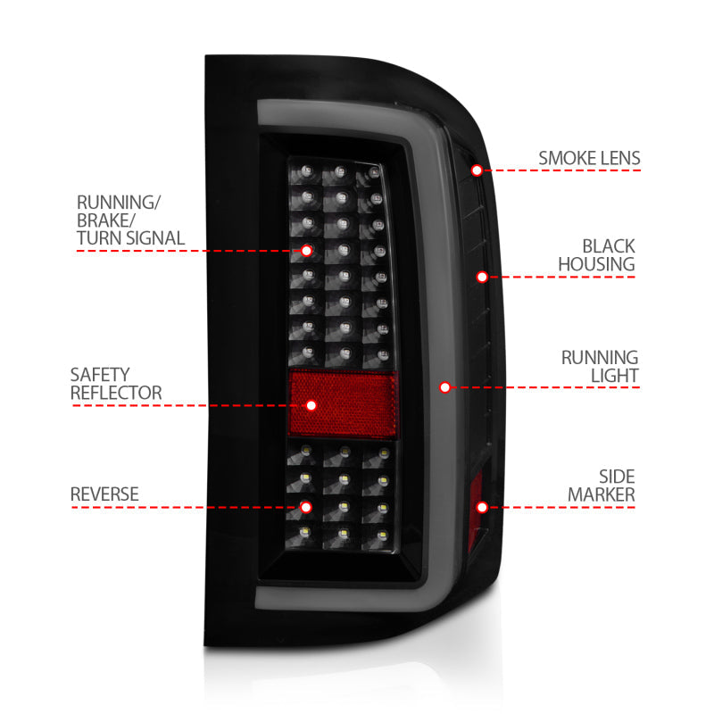 ANZO 2007-2013 Chevrolet Silverado1500/ 2500/ 3500 LED Tail Lights w/ Light Bar Black Housing Smoke ANZO Tail Lights  AXOPROS