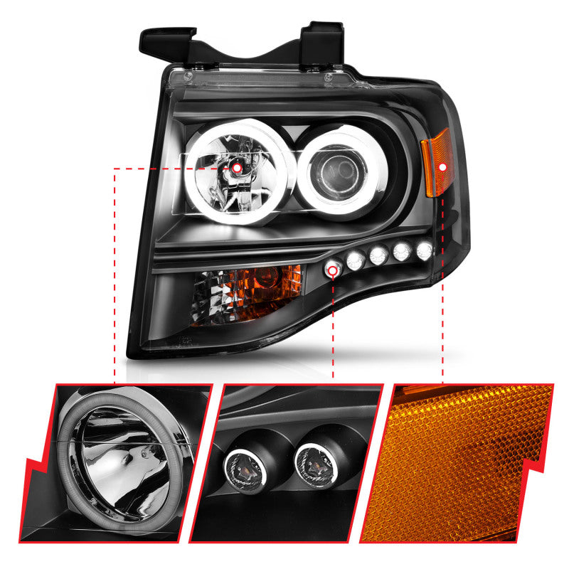 ANZO 2007-2014 Ford Expedition Projector Headlights w/ Halo Black ANZO Headlights  AXOPROS