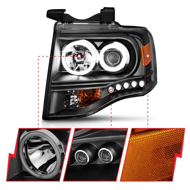 ANZO 2007-2014 Ford Expedition Projector Headlights w/ Halo Black ANZO Headlights  AXOPROS