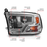 ANZO 2009-2018 Dodge Ram 1500/ 2500/ 3500 Crystal Headlights w/ Light Bar Chrome Housing ANZO Headlights  AXOPROS
