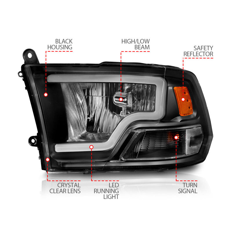ANZO 2009-2018 Dodge Ram 1500 Crystal Headlights w/ Light Bar Black Housing ANZO Headlights  AXOPROS