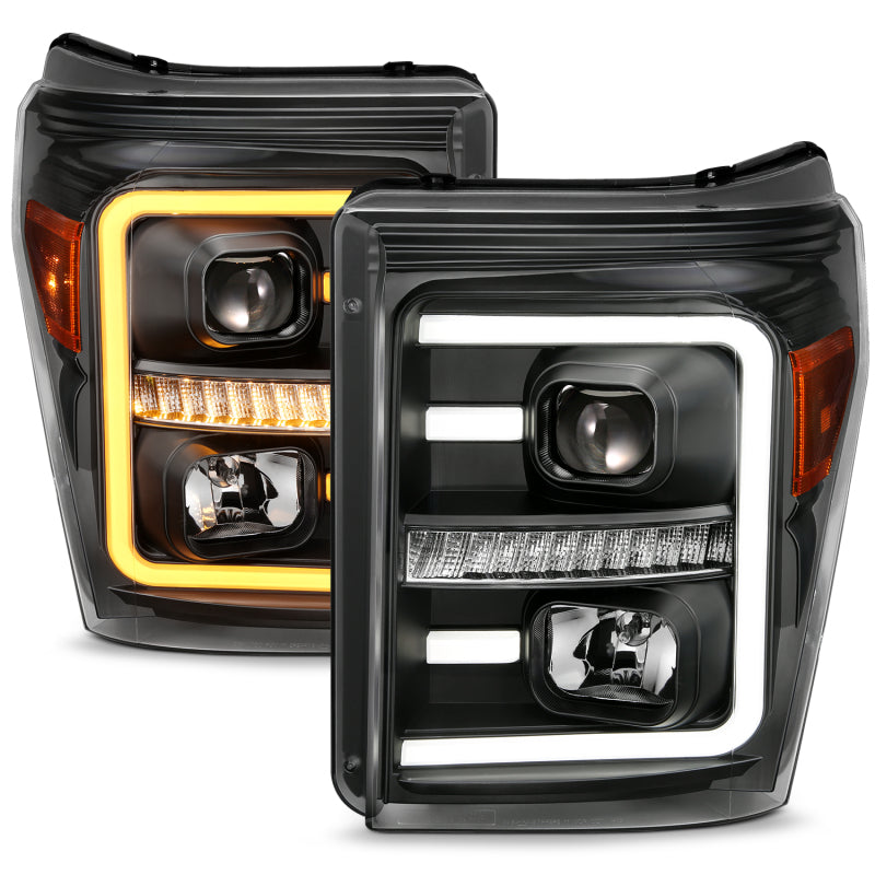 ANZO 2011-2016 Ford F250 Projector Headlights w/ Plank Style Switchback Black w/ Amber ANZO Headlights  AXOPROS