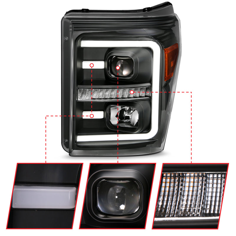 ANZO 2011-2016 Ford F250 Projector Headlights w/ Plank Style Switchback Black w/ Amber ANZO Headlights  AXOPROS